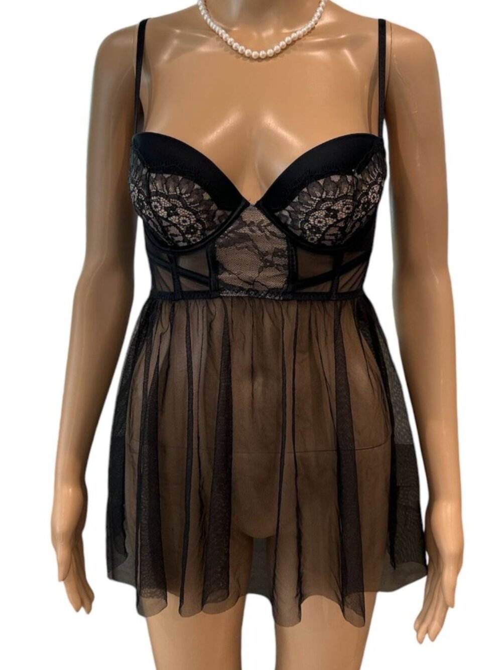 Victoria's Secret Baby Doll Lingerie 34C Padded Demi Bra Black Nude Corset Top